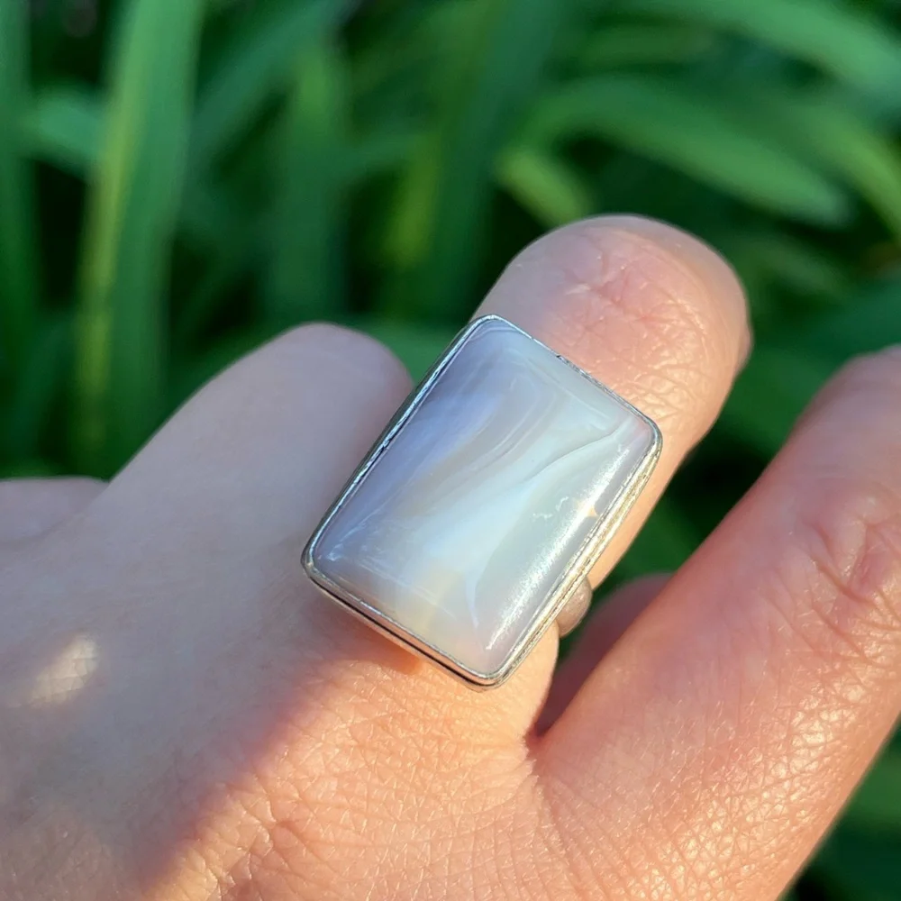 Size‎ 7.25 925 silver plated milky banded agate rectangular ring